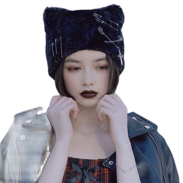 

berets harajuku punk gothic cross pin cat ears plush black autumn winter warm bucket hat women girls chic streetwear, Blue;gray