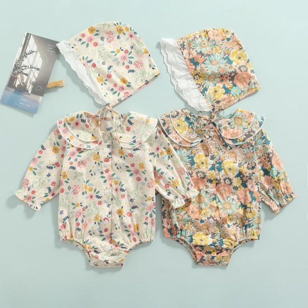 

rompers 2pcs baby girls floral clothes set fashion printed pattern long sleeve romper and cap beige/ yellow, Blue