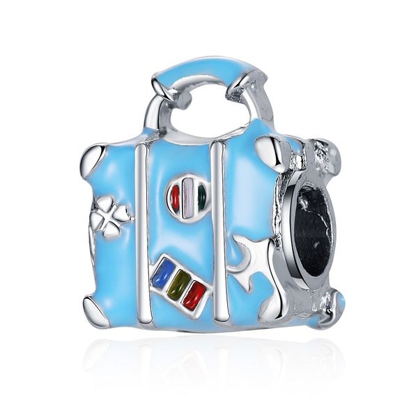 

fit pandora charm bracelet european blue suitcase enamel silver charms beads diy snake chain for women bangle necklace jewelry, Black