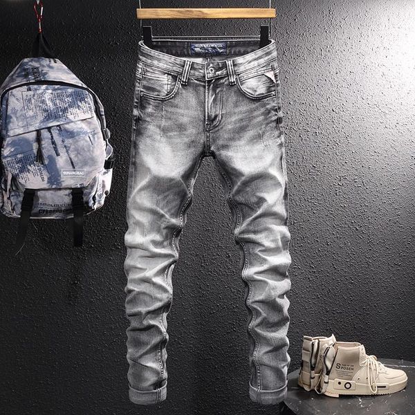 

men's jeans italian style fashion men retro gray elastic slim fit scratch designer vintage casual denim pants, Blue