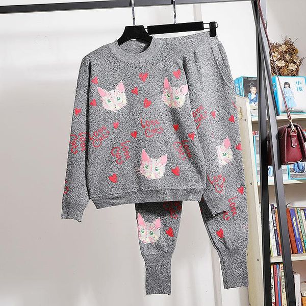 

women black gray o neck letter cat print knitted tracksuit outfits loose long sleeve pullover long pants casual knit sets female, White