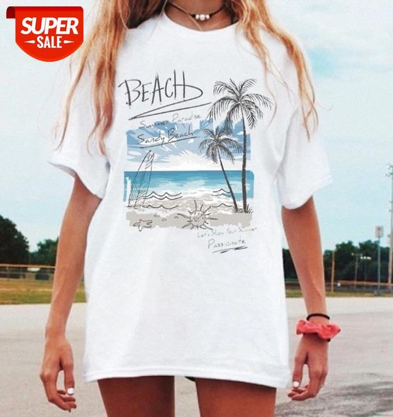 

sunfiz YF 2020 NEW Summer Tropical Beach Print Women White T-shirt Aloha Short Sleeve O Neck Casual Loose Top Female T-shirt Top #0M6H