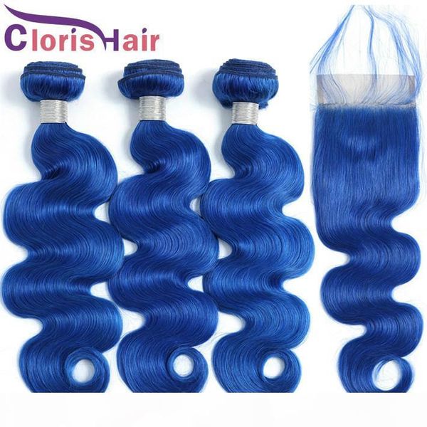 

pre plucked 4x4 lace closure with 3 bundles raw virgin indian human hair extensions blue colored wavy weaves closure deals, Black;brown