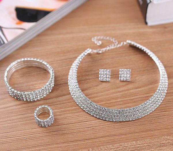 

earrings & necklace 4 row bling wedding choker bracelet ring set for bride bridesmaid silver plated bridal jewelry accessories