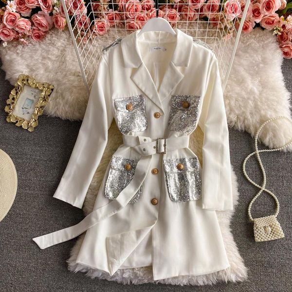 

casual dresses 2021 spring temperament fashion vestidos female stitching sequin pocket lapel slim slimming mini dress c660, Black;gray