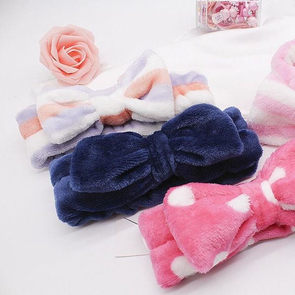 

shower caps plush wash & make-up bowknot headband striped polka dot face hair holder towel soft elastic headbands for women girls
