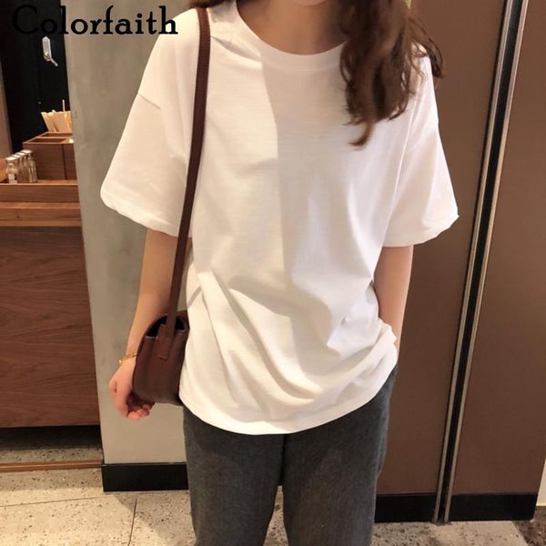 

women's t-shirt colorfaith 2021 women summer bottoming basic soild fashionable minimalist style wild lady white oversize t3511
