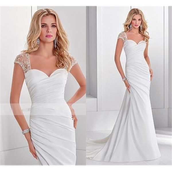 

2021 new elegant sweetheart white ruched cap sleeve court train chic wedding bridal gowns vestidos de noiva plus size 88br