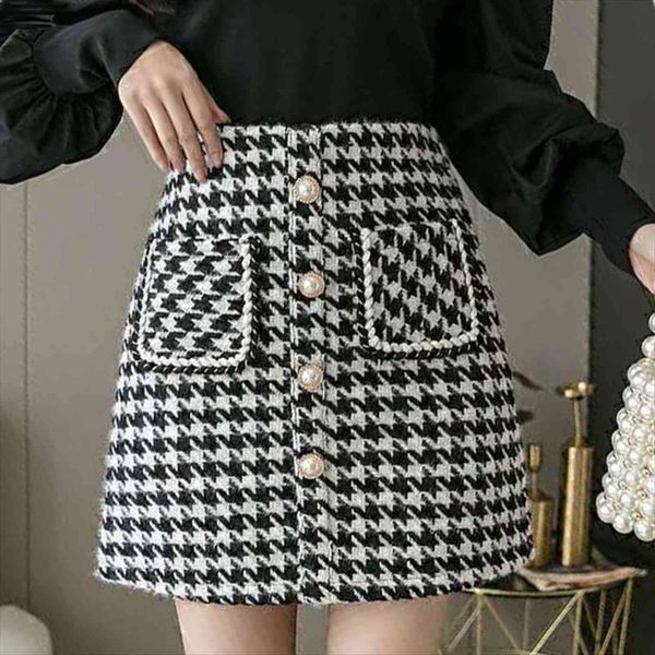

autumn winter woolen short tweed women skirt high waist slim mini a line knitted cotton skirts, Black