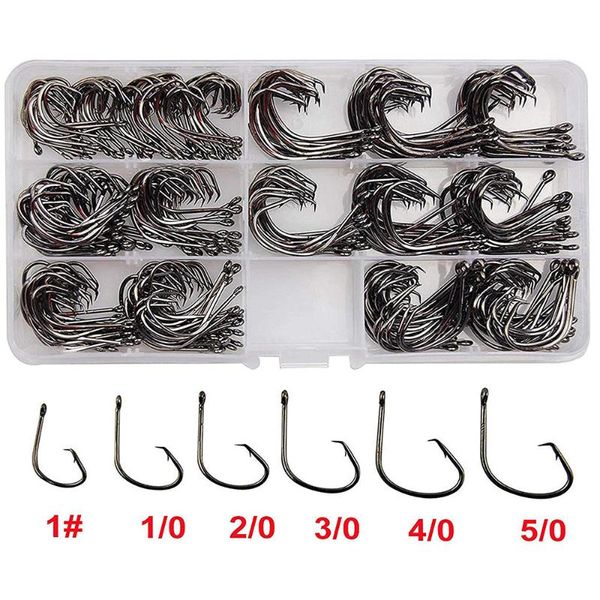 

fishing hooks 300pcs/box 2x sharp circle black high carbon steel assorted offset ocs tackle