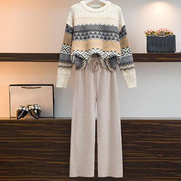 

women's two piece pants geometric knitted sets sweater and wide leg set color matching knitting suits winter retro ladies pullover, White