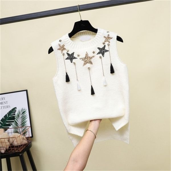 

sweater 2021 spring new korean style diamond studded round the neck without sleeves crocheted vest all-match 2uoe, White;black
