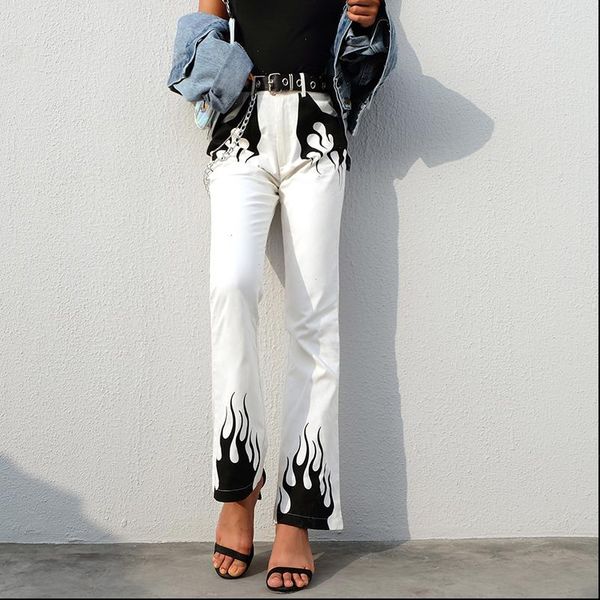 

casual panelled wide leg pants women 2021 streetwear high waist flared trousers fire print bell bottom pants capris, Black;white