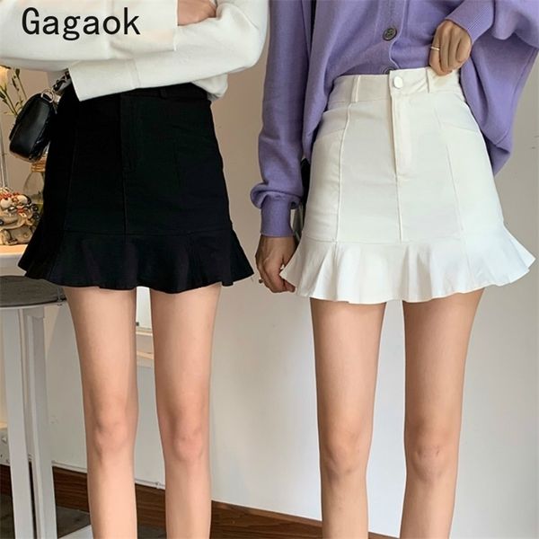 

gagaok women empire & club skirt summer new solid ruffles a-line mini slim simple chic wild feamle fashion skirts 210311, Black