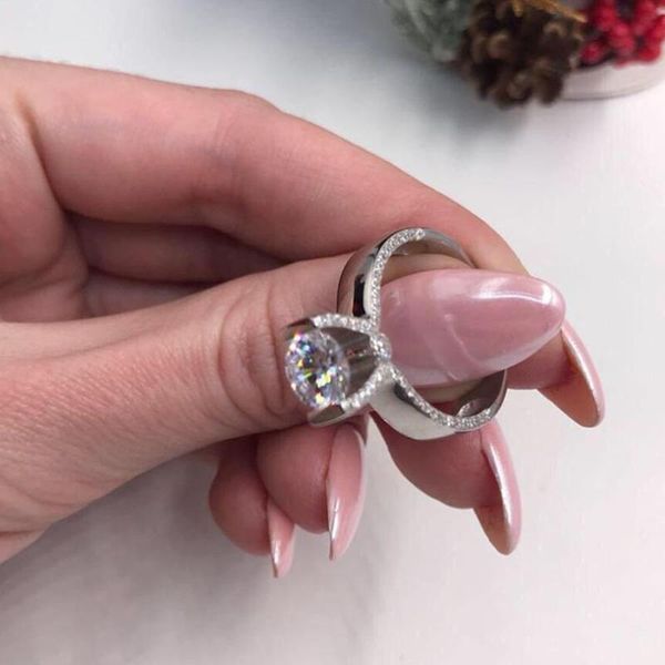 

cluster rings classic luxury real solid 925 sterling silver ring 10 hearts arrows zircon wedding jewelry engagement for women, Golden;silver