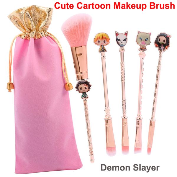 5 pcs Bonito Demon Slayer Maquiagem Escovas Dos Desenhos Animados Kamado Tanjirou Anime Metal Escova Cosmética Conjunto Para Face e Lips Eyeshadow Concealer Foundation Blusher