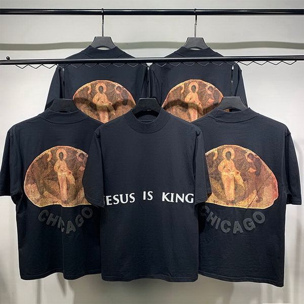 

2021 jesus is king tee three gods religious oil painting t-shirt vintage short sleeves summer street men women t-shirt, White;black
