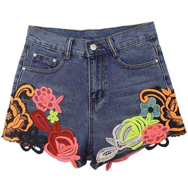 

women's jeans flowers embroidery high waist denim shorts fashion wide leg, Blue