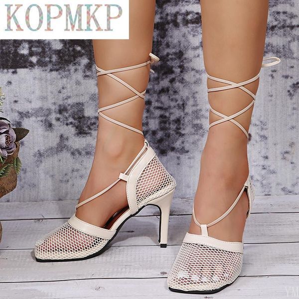 

sandals 2021 summer autumn mesh pumps female square toe high heel lace up cross tied stiletto hollow dress shoes 36-43, Black