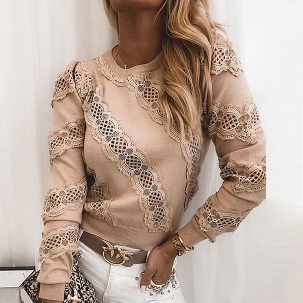 

winter casual women solid round neck stylish pullover sweaters blouse shirts female lace stitching long sleeve shirts outwear, White