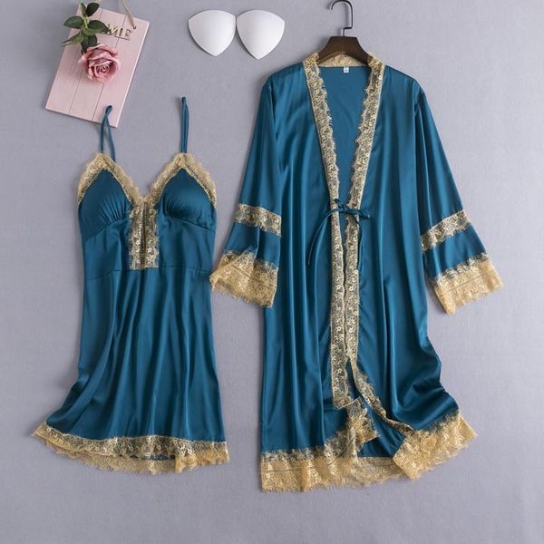 

women's sleepwear women nighty&robe set lace trim suit nightgown knee-length kimono gown silky satin loose home clothes nightdress, Black;red