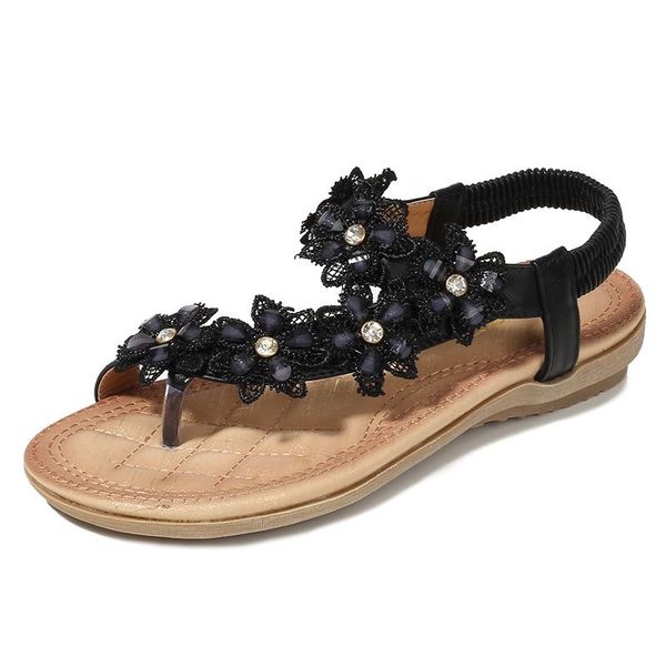 

sandals 2021 floral women's round toe clip feet non-slip wear-resistant breathable flat shoes travel beach, Black