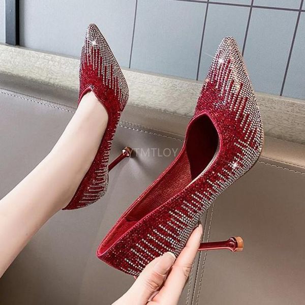 

dress shoes luxury women pumps crystal for ladies glitter wedding female high heel shallow pointed toe zapatos de mujer, Black