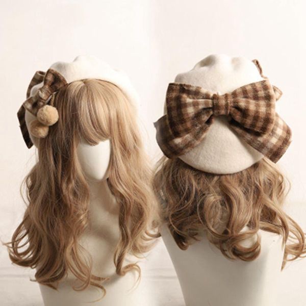 

berets winter cute beret women british fashion retro big bow plaid painter hat girl female beanies wholesale 2021, Blue;gray