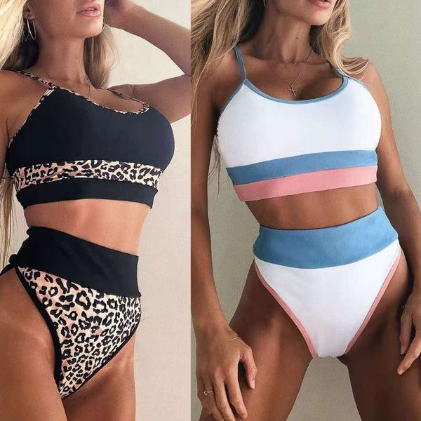 

one-piece suits 2021 women 2pcs high waist bikini set contrast color leopard patchwork swimsuit