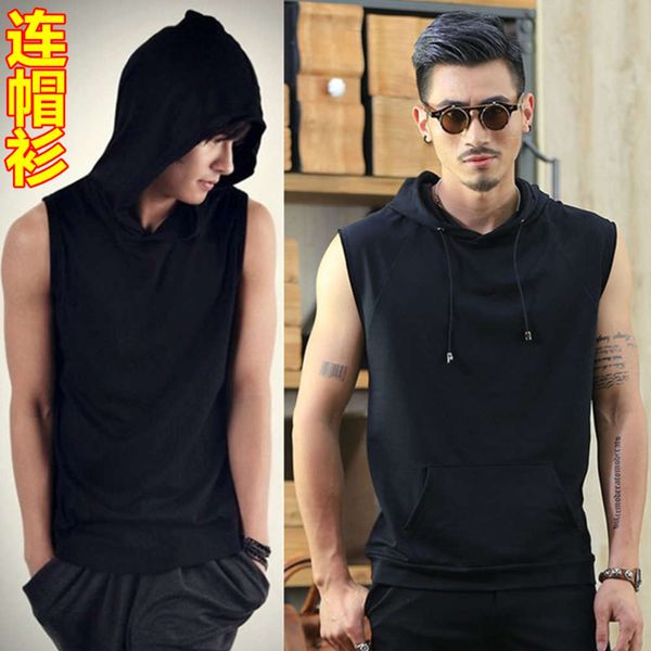 

hooded vest men's trendy short sleeve sleeveless sweater with cap, Black