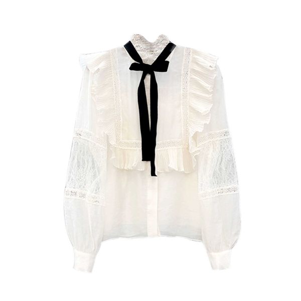 

vanovich korean spring and summer stand collar bow lotus leaf side lace shirt female casual women-blouses 210615, White