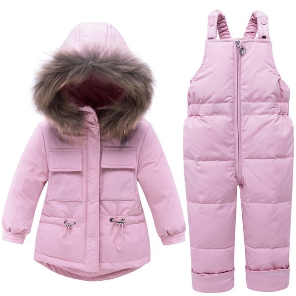 

-30 degrees infant cold winter warm suit kids big fur collar hooded white duck down jacket+pant baby ski set