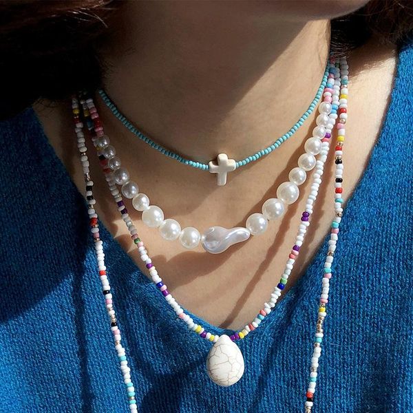 

chains fashion white cross beaded clay bohemian necklaces for women simple pearl seed beads strand rainbow long choker necklace jewelry, Silver