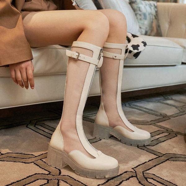 

boots 2021 transparent crystal bottom chunky heel long female summer thin mesh leather women shoes, Black
