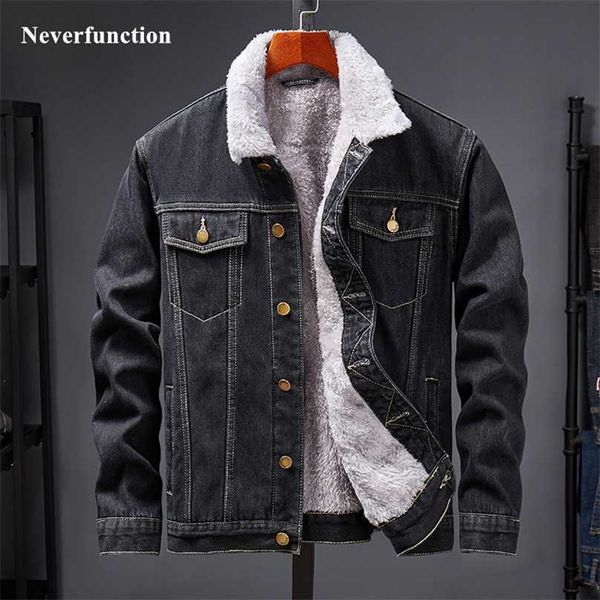 Streetwear Erkekler Kış Kalın Sıcak Yün Kadife Liner Denim Ceketler Adam Basit Katı Rahat Motosiklet Kot Kabanlar Coat 211217