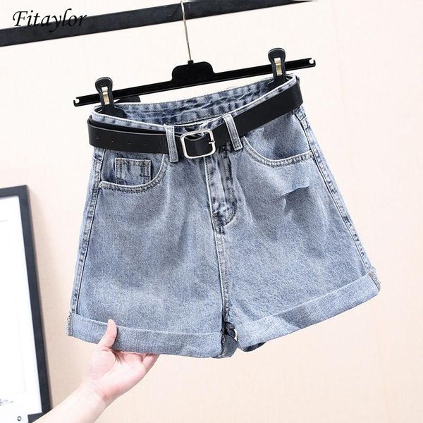 

fitaylor 2021 new summer high waist women blue denim shorts vintage casual female solid color streetwear wide leg jeans shorts, White;black