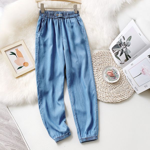 

women's jeans cotton tencel slim high-waist harem spring new fashion all-match simple thin loose soft ankle jh79, Blue
