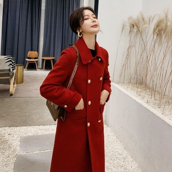 

women's wool & blends hepburn double-sided cashmere coat medium long 2021 korean loose red, Black
