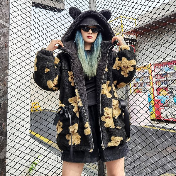 

new 2021 winter faux hoodie women korean cute bear graphic soft over size coat zipper fur thickened warm hoodies with pocket xcrz, Gray