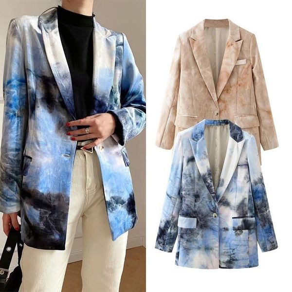 

women's suits & blazers 2021 tie-dye velvet mid length blazer suit women fashion print single button coats casual loose commute formal, White;black
