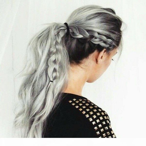 

silver grey gray human hair pony tail hairpiece wrap around dye natural hightlight salt and pepper gray hair ponytail hair extension, Black