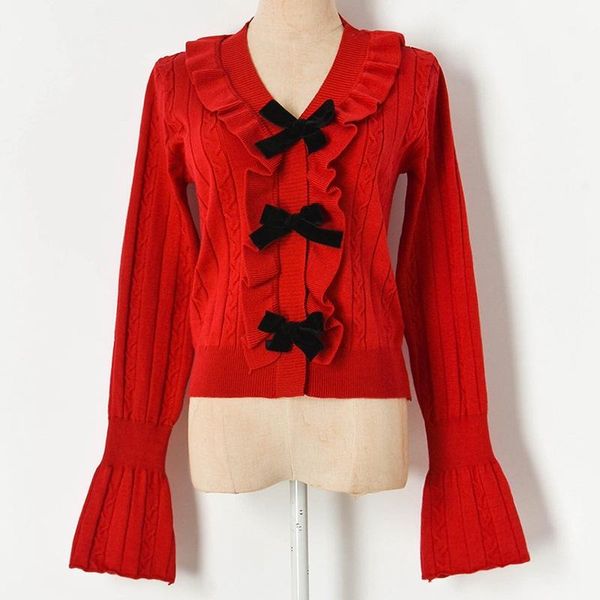 

2021 spring ruffles bow v-neck women cardigan short flare sleeve sweater fashion, White
