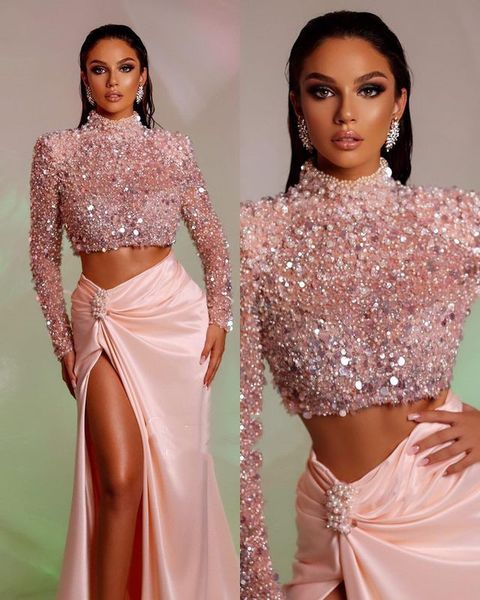 

2021 plus size arabic aso ebi luxurious two pieces prom dresses beaded sequins high split evening formal party second reception gowns dress, Black