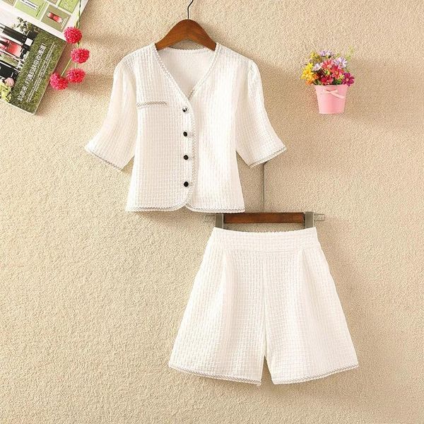 

women's tracksuits korean fashion shorts suit women summer elegant short sleeve single breasted + pants 2 piece set female black white, Gray