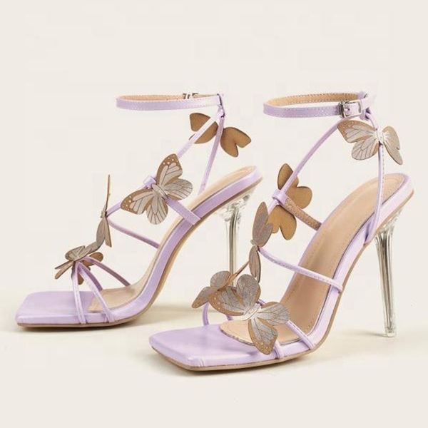 

sandals butterfly ornament ankle buckle strap high heel square open toe slingback women summer ladies pumps, Black