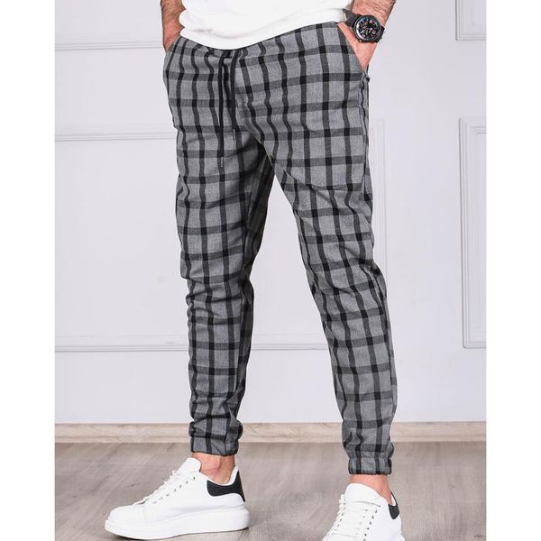 

men's pants 2021 fashion plaid mens skinny pencil slim mid waist drawstring trouser men loose casual jogger long, Black