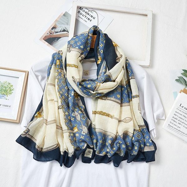 

scarves cotton linen scarf female ins wind french retro belt long decorative thin shawl wholesale customization 180*90cm, Blue;gray