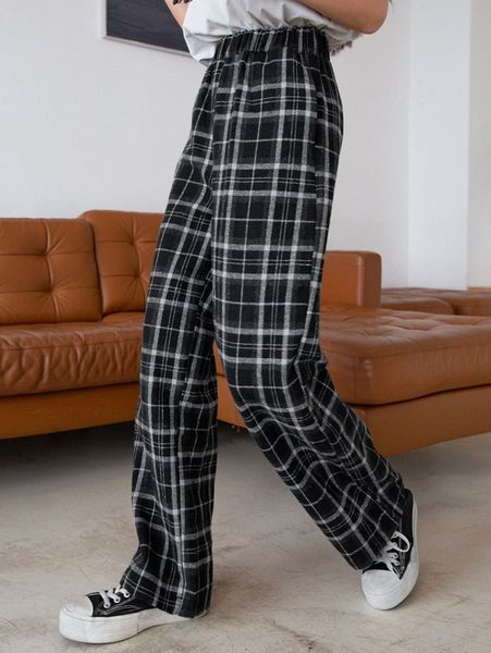 

dazy plaid print slant pockets pants a0iy#, Black;white