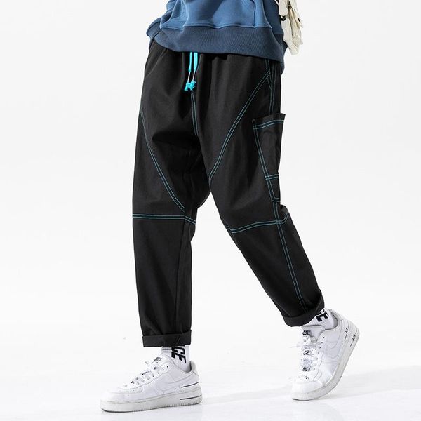 

men's pants 2021 casual loose men japanese streetwear fashion cotton hip hop straight elastic waist leisure trousers, Black