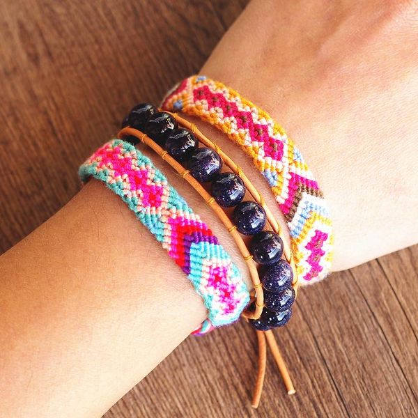 

charm bracelets 3pcs bracelet set 10mm blue sand stone women wrap leather hand weave braided boho party jewelry gift, Golden;silver
